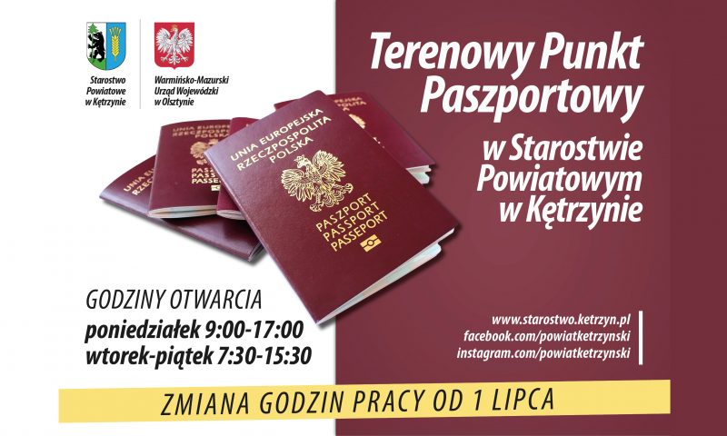 UWAGA!!  Zmiana godzin otwarcia Terenowego Punktu Paszportowego w Starostwie Powiatowym w Kętrzynie