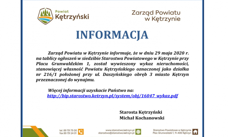 Informacja Zarządu Powiatu w Kętrzynie