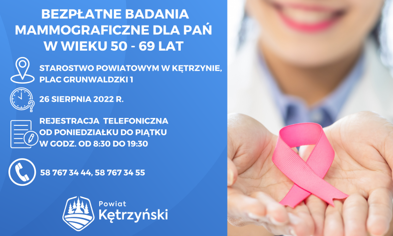Bezpłatne badania mammograficzne – 26 sierpnia 2022 r.